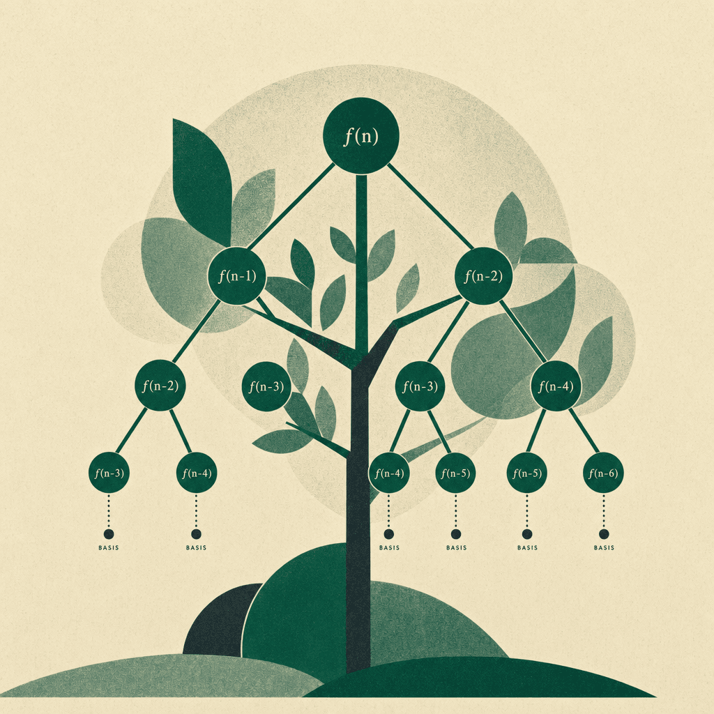 Stilisierter geometrischer Baum: ein rekursiver Funktionsaufruf, dessen Aufrufe sich wie Äste verzweigen, mit kleinen Knoten f(n), f(n-1), f(n-2)