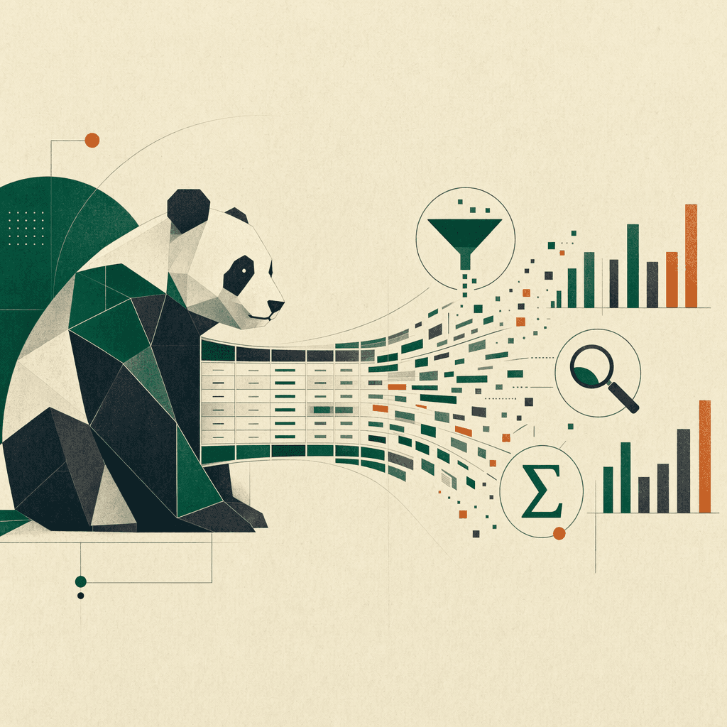 Illustration: ein stilisierter Pandabär neben einer Tabelle, deren Werte durch Filter-, Lupen- und Summenzeichen-Symbole fließen