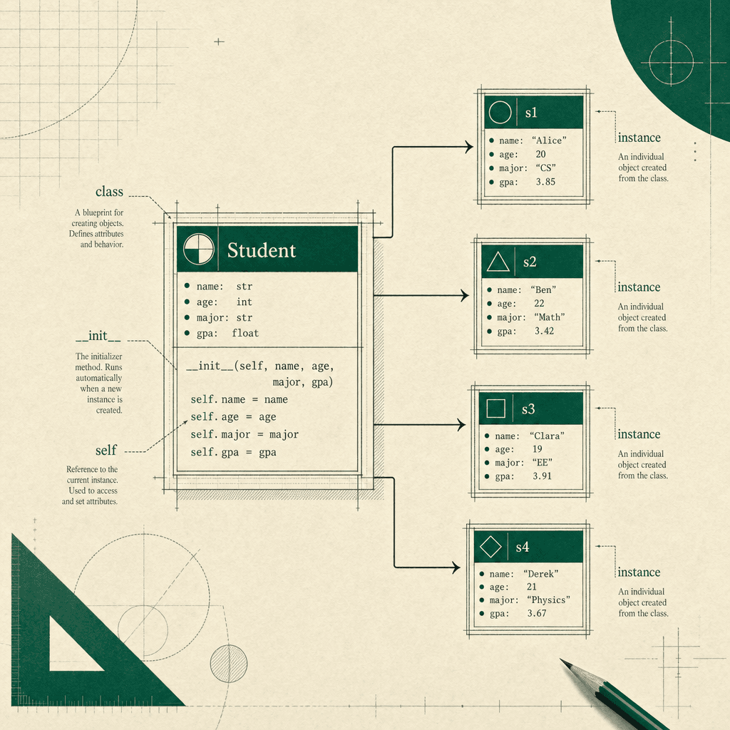 Architektur-Blueprint einer Klasse 'Student' mit __init__, Attributen und Methoden — daneben vier kleinere Karten als konkrete Instanzen