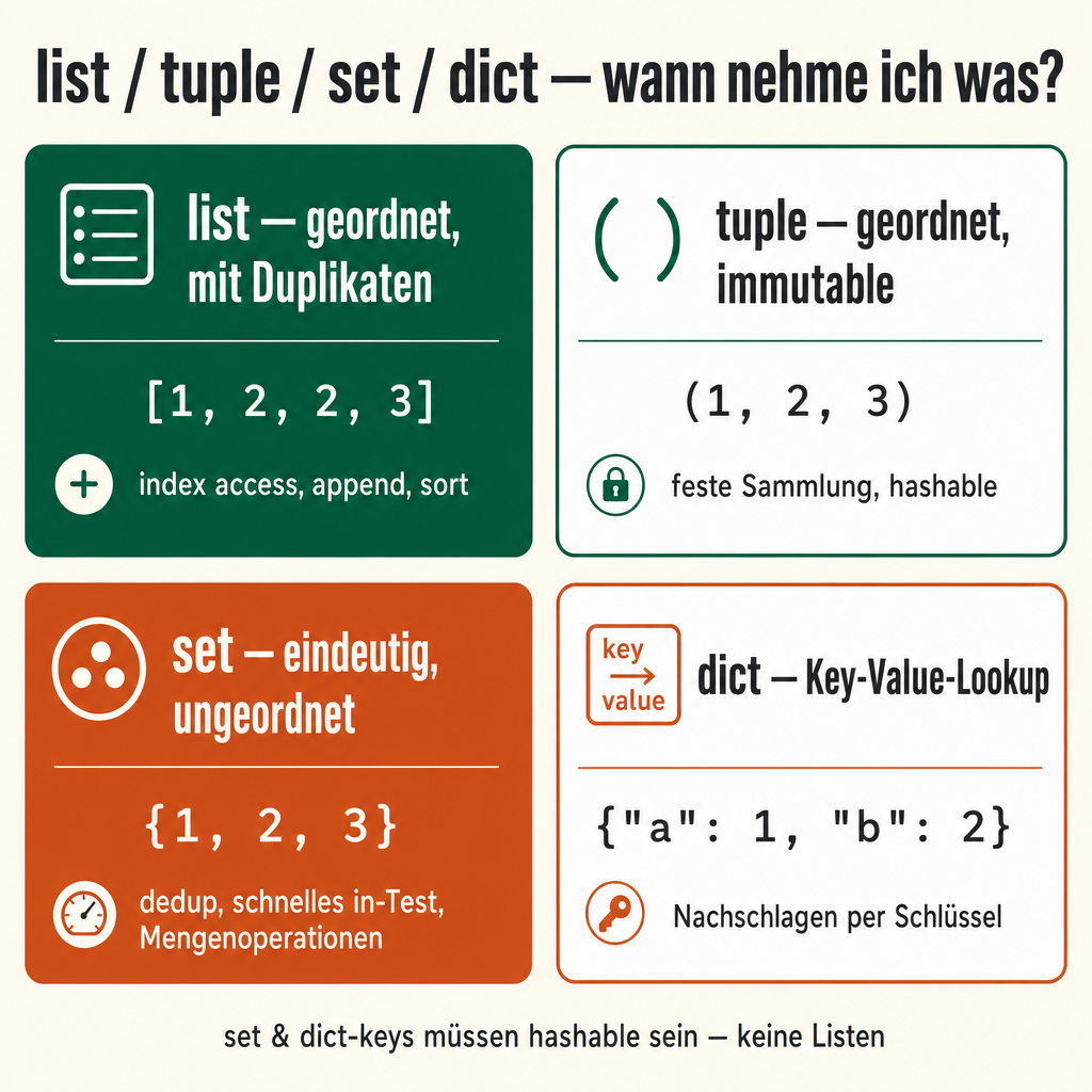 Cheat-Sheet: list, tuple, set, dict — Entscheidungskarte mit Syntax und Anwendungsfall pro Datentyp.