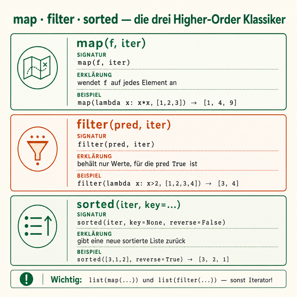 Cheat-Sheet zu map, filter und sorted: jede Funktion mit Signatur, Erklärung und einem konkreten Beispiel.