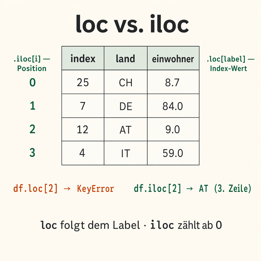 Cheat-Sheet: loc vs. iloc. Tabelle mit Index-Labels 25, 7, 12, 4 und iloc-Positionen 0–3 daneben. Beispiele: df.loc[2] → KeyError, df.iloc[2] → AT.