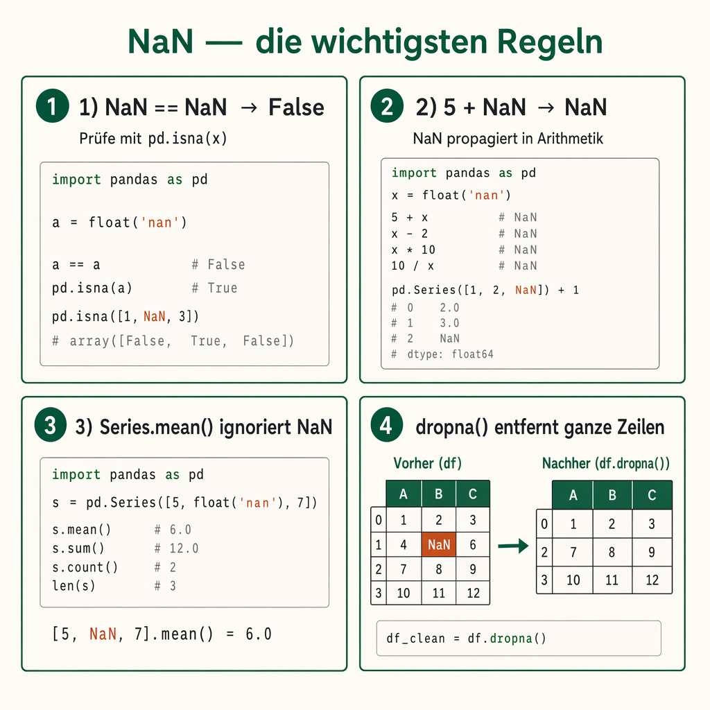 Cheat-Sheet mit den vier wichtigsten NaN-Regeln in Pandas: NaN == NaN ist False, NaN propagiert in Arithmetik, mean() ignoriert NaN, dropna entfernt ganze Zeilen.
