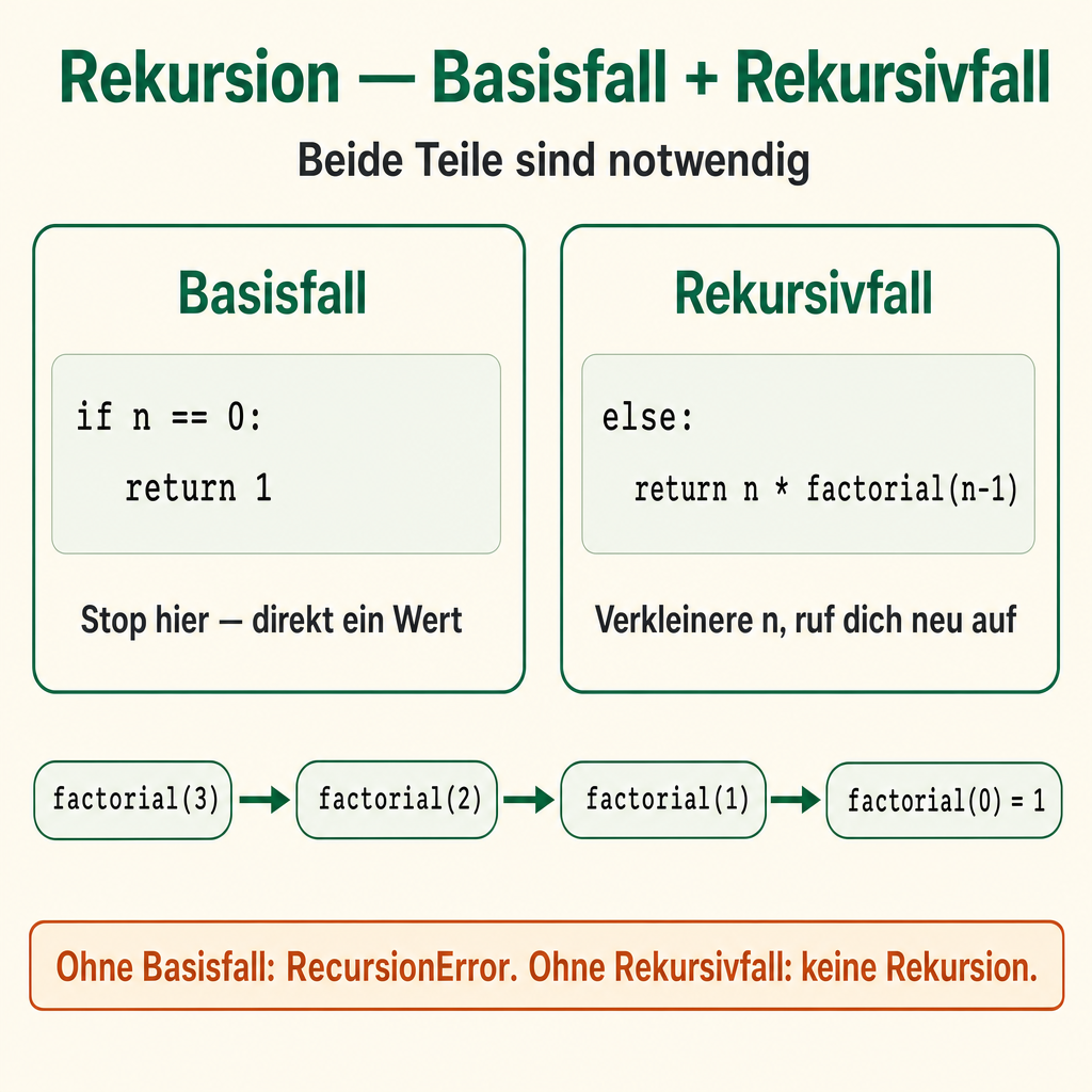 Cheat-Sheet: Rekursion. Zwei Karten: Basisfall (return-Wert direkt) und Rekursivfall (sich selbst mit kleinerem Input aufrufen). Unten die Aufrufkette factorial(3) → factorial(2) → factorial(1) → factorial(0).